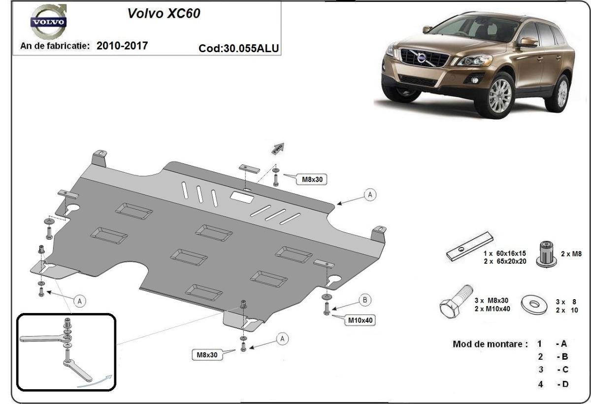 Hliníkový kryt olejové vany pro ochranu motoru a převodovky pro Volvo XC60 2010 - 2017, všechny motory