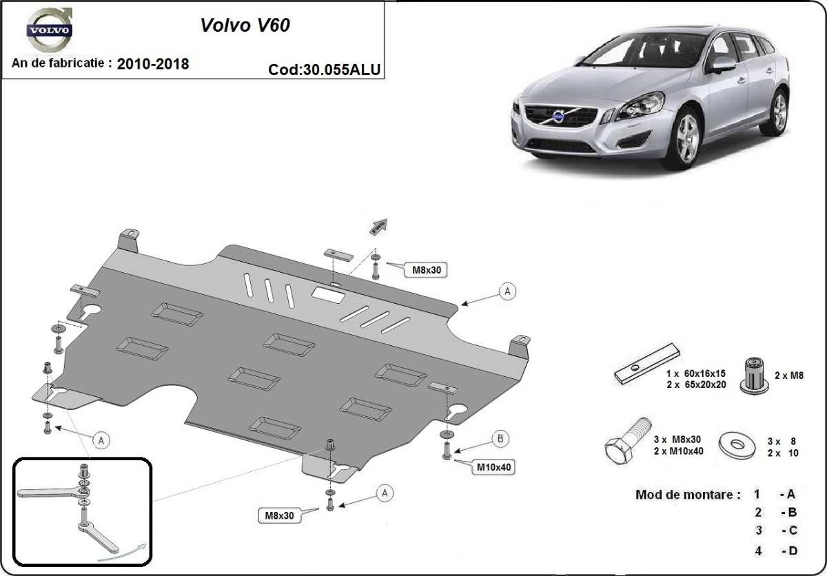 Hliníkový kryt olejové vany pro Volvo V60 2010 - 2018, všechny motory