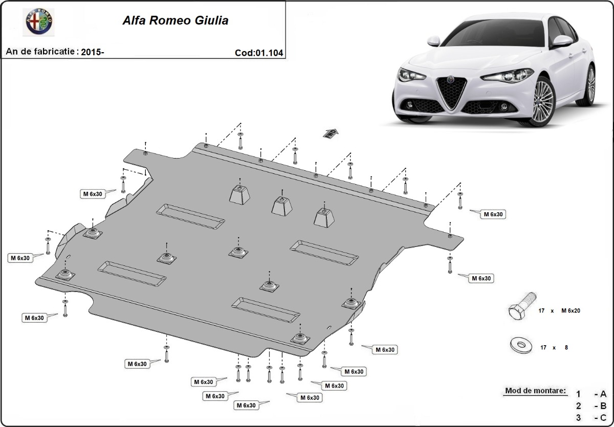 Ocelový kryt olejové vany pro Alfa Romeo Giulia 2015 - 2026, všechny motory