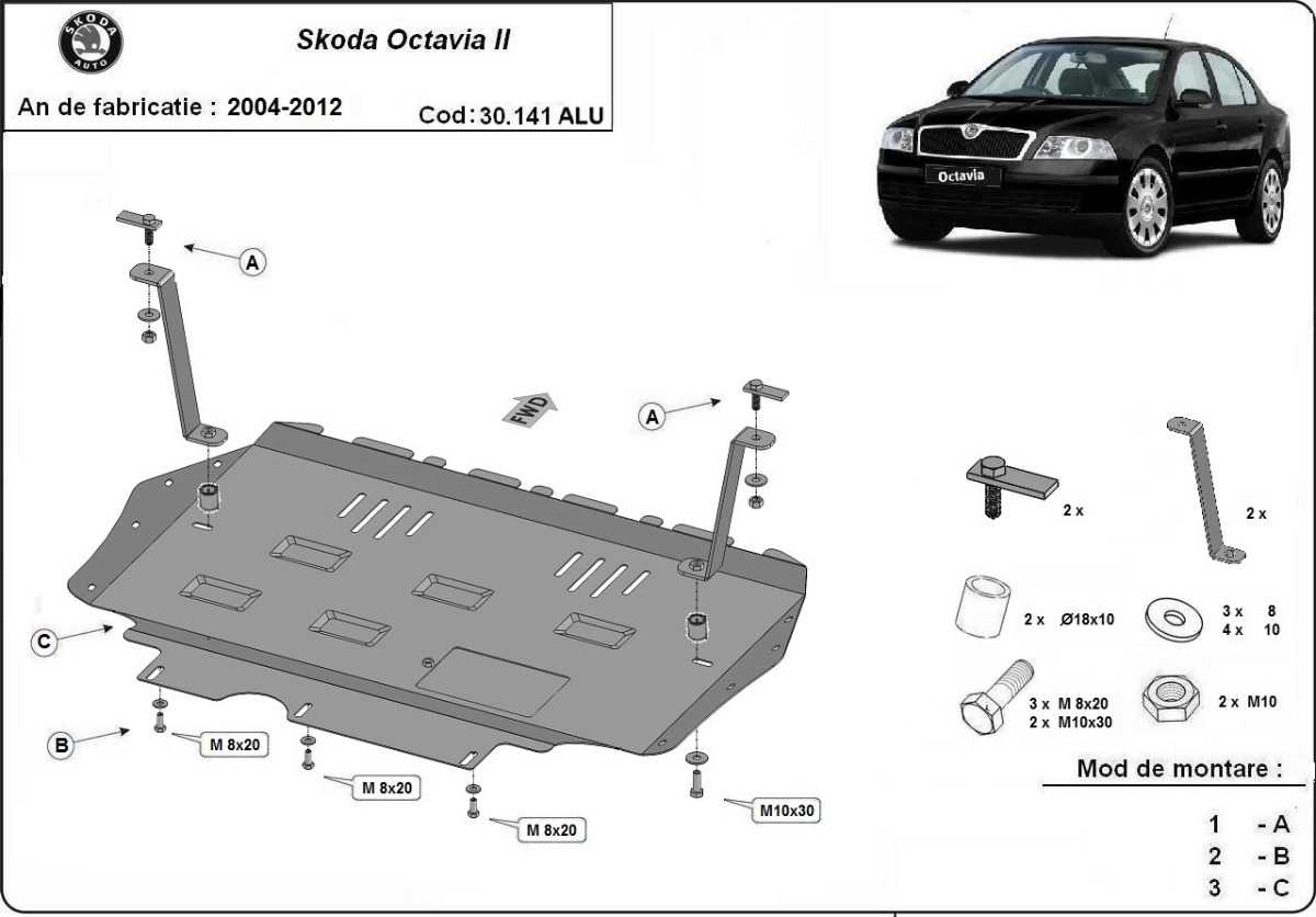 Hliníkový kryt pod olejovou nádrž pro Škoda Octavia 2 2004 - 2012, všechny motory
