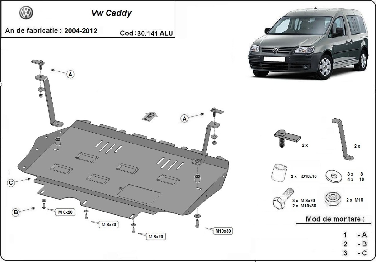 Hliníkový kryt olejové vany pro VW Caddy 2004 - 2012, všechny motory