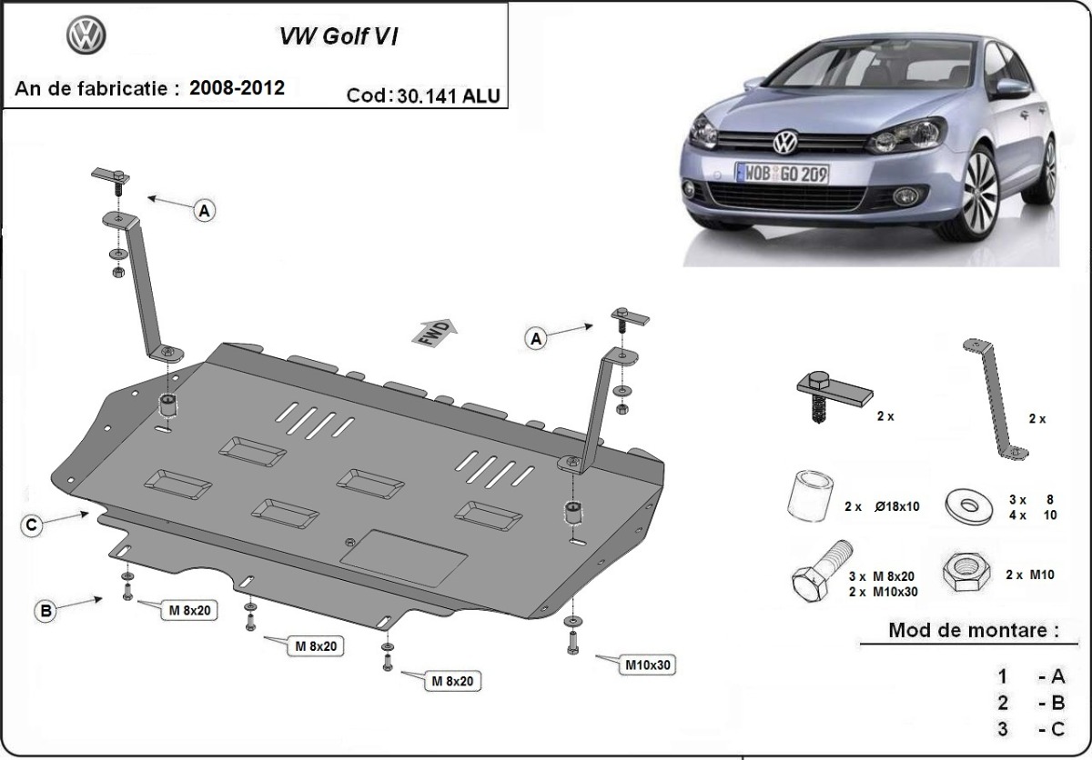 Hliníkový kryt olejové vany pro VW Golf 6 2008 - 2012, všechny motory