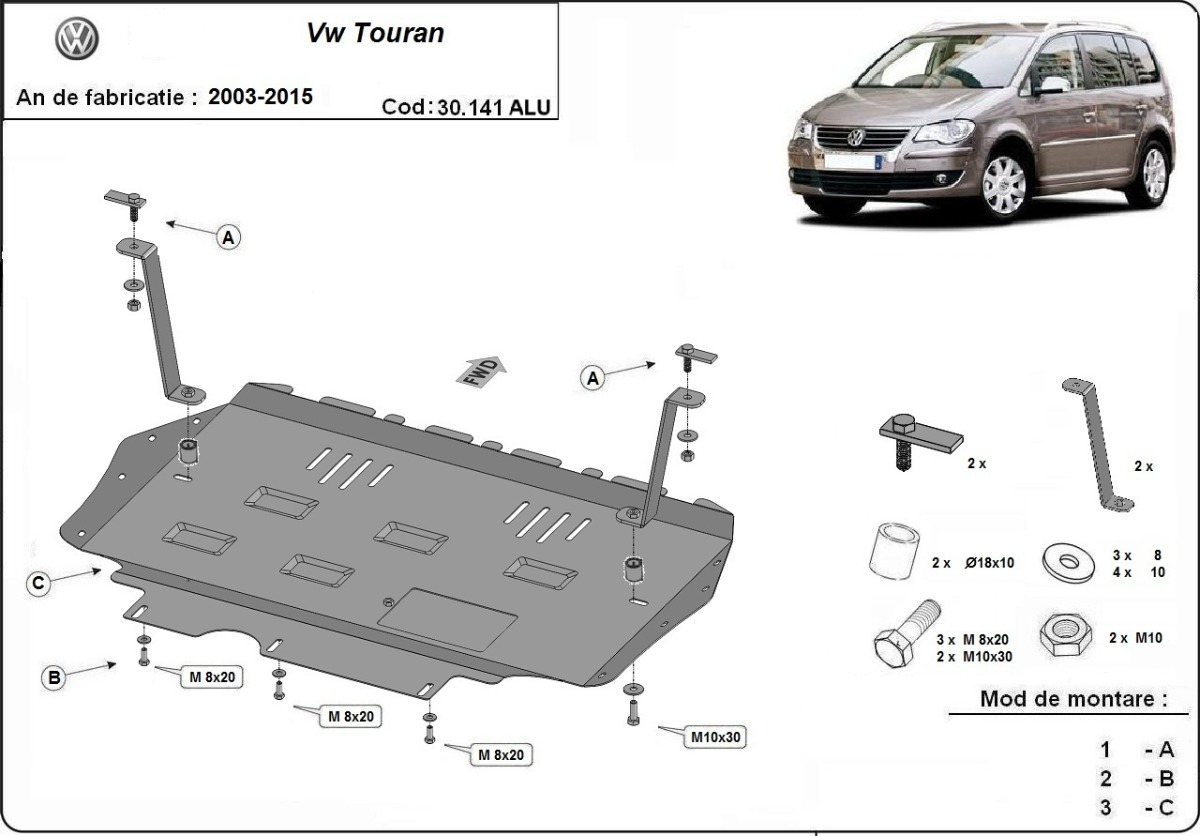 Hliníkový kryt olejové vany pro Volkswagen Touran 2003 - 2015, všechny motory