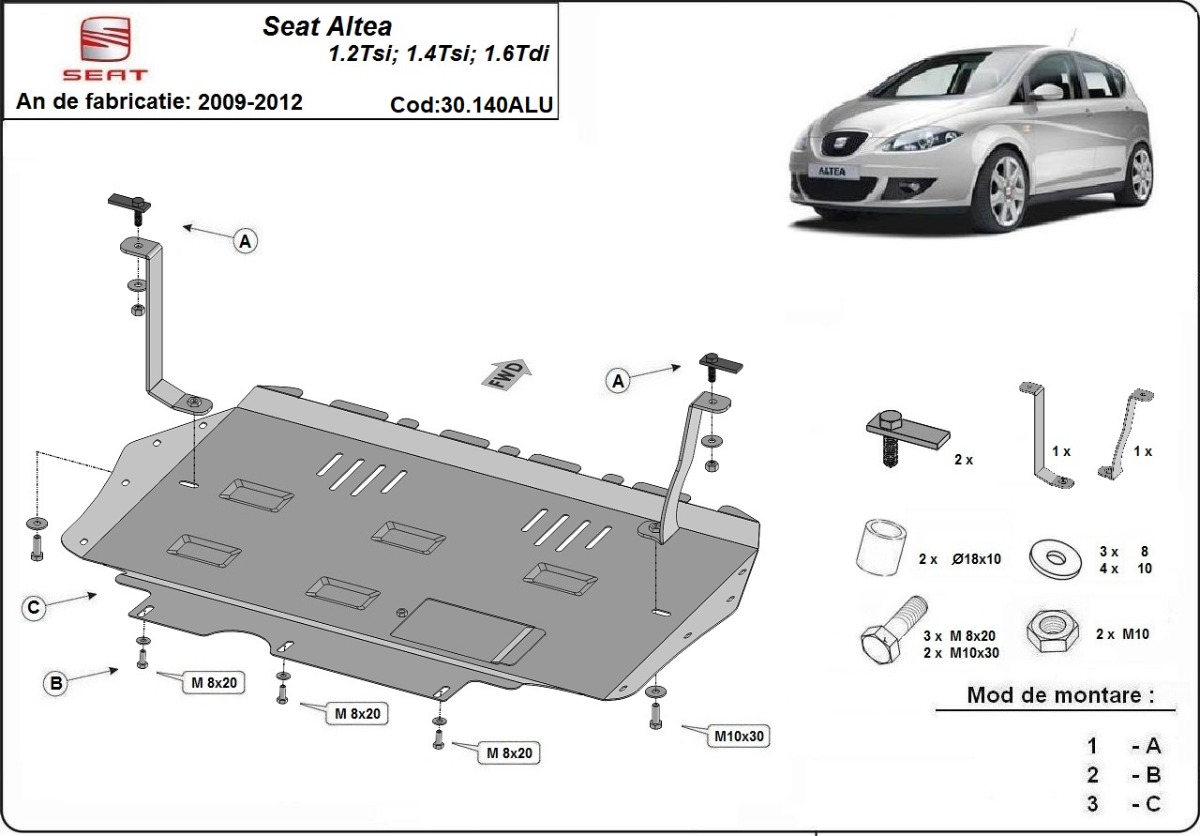 Hliníkový kryt olejové vany pro ochranu motoru a převodovky pro Seat Altea 2009 - 2012, 1.2Tsi, 1.4Tsi, 1.6Tdi