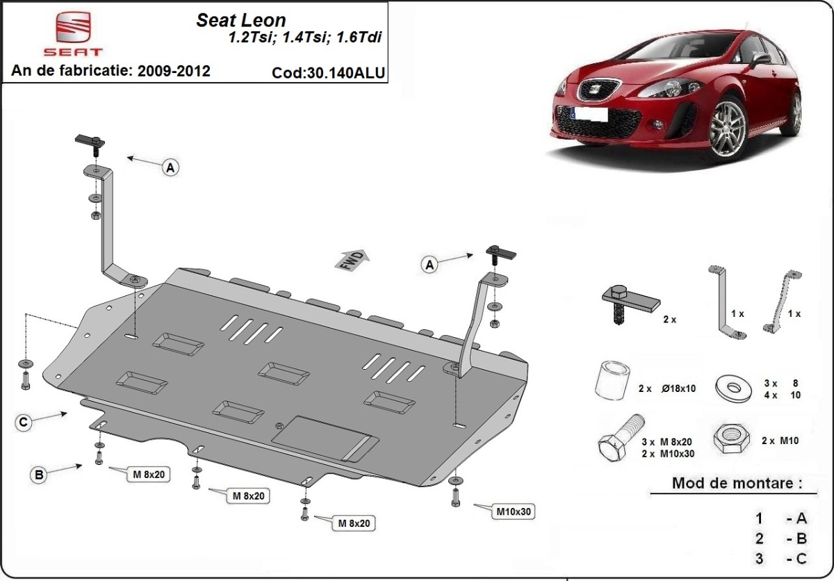 Hliníkový kryt olejové vany pro ochranu motoru a převodovky pro Seat Leon Mk2 2009 - 2012, 1.2Tsi, 1.4Tsi, 1.6Tdi