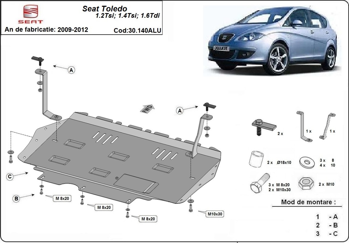 Hliníkový kryt olejové vany pro Seat Toledo 3 2009 - 2012, 1.2Tsi, 1.4Tsi, 1.6Tdi