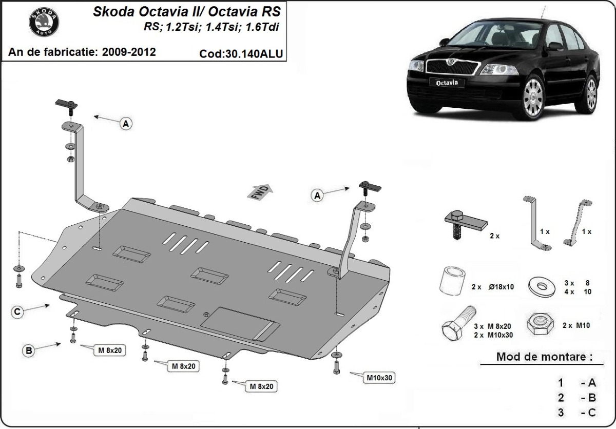 Hliníkový kryt pod olejovou nádrž pro Škoda Octavia 2 2009 - 2012, 1.2Tsi, 1.4Tsi, 1.6Tdi