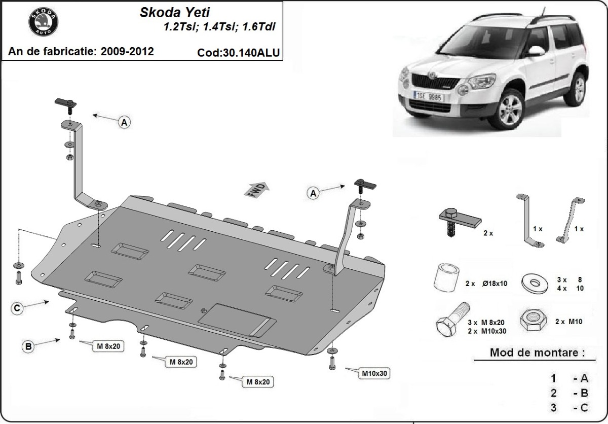 Hliníkový kryt olejové vany pro ochranu motoru a převodovky pro vůz Škoda Yeti 2009 - 2012, 1.2Tsi, 1.4Tsi, 1.6Tdi