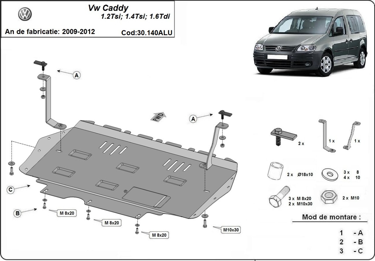 Hliníkový kryt olejové vany pro Volkswagen Caddy 2009 - 2012, 1.2Tsi, 1.4Tsi, 1.6Tdi