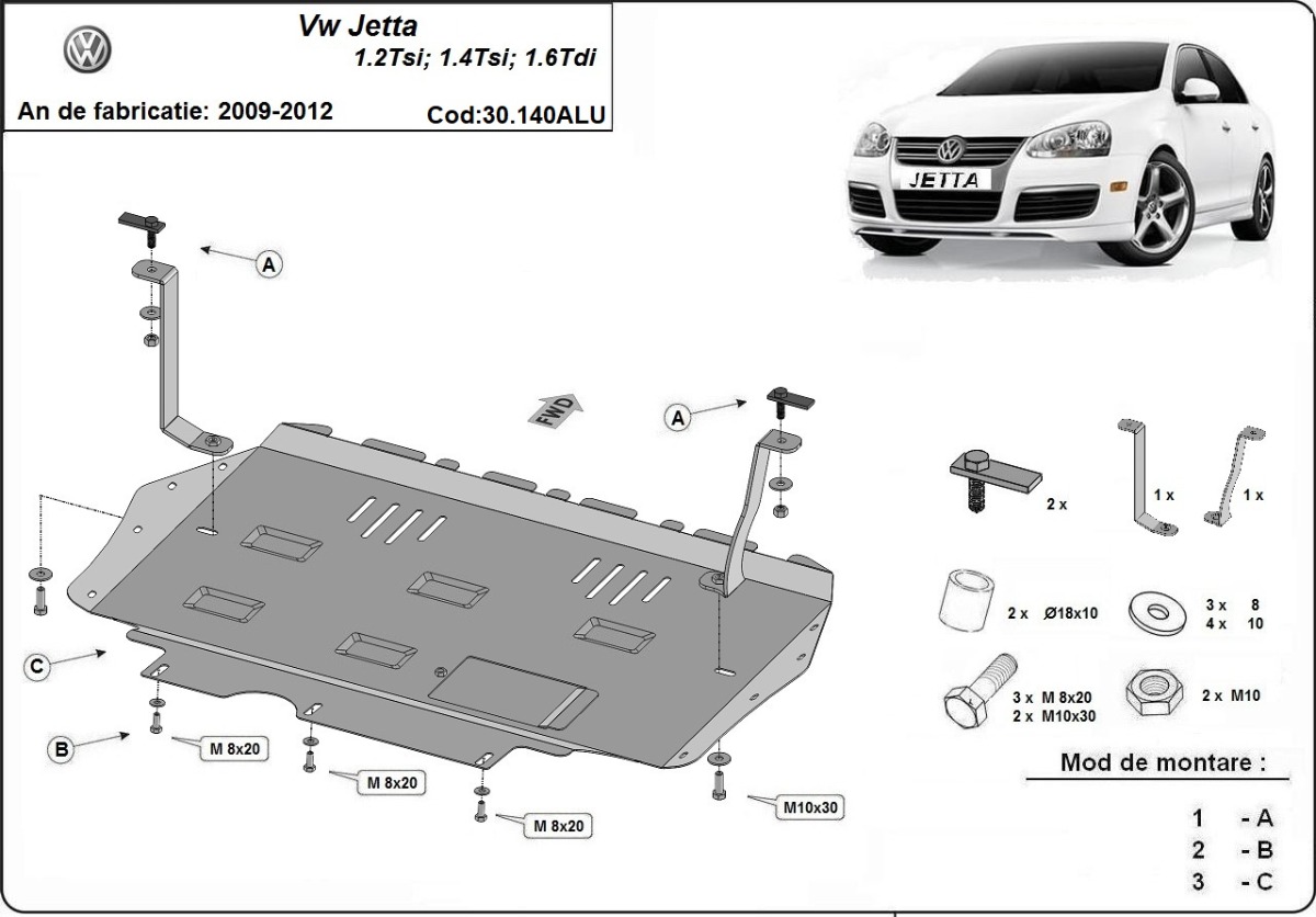 Hliníkový kryt pod olejovou nádrž pro VW Jetta 2009 - 2012, 1.2Tsi, 1.4Tsi, 1.6Tdi