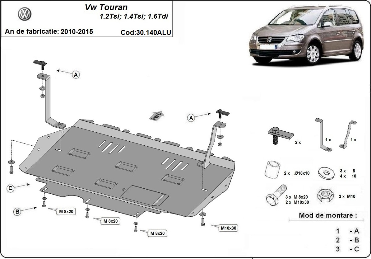 Hliníkový kryt olejové vany pro Volkswagen Touran 2010 - 2015, 1.2Tsi, 1.4Tsi, 1.6Tdi