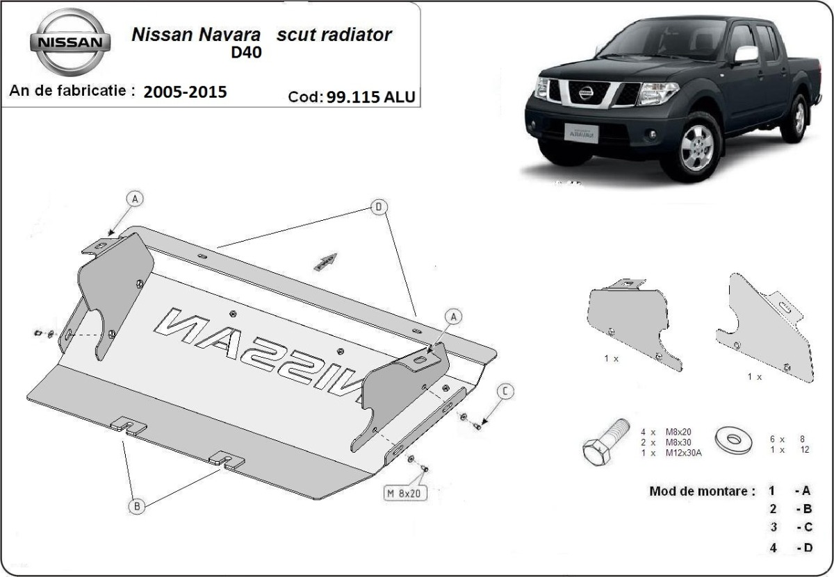 Hliníkový kryt chladiče pro Nissan Navara D40 2005 - 2015, všechny motory