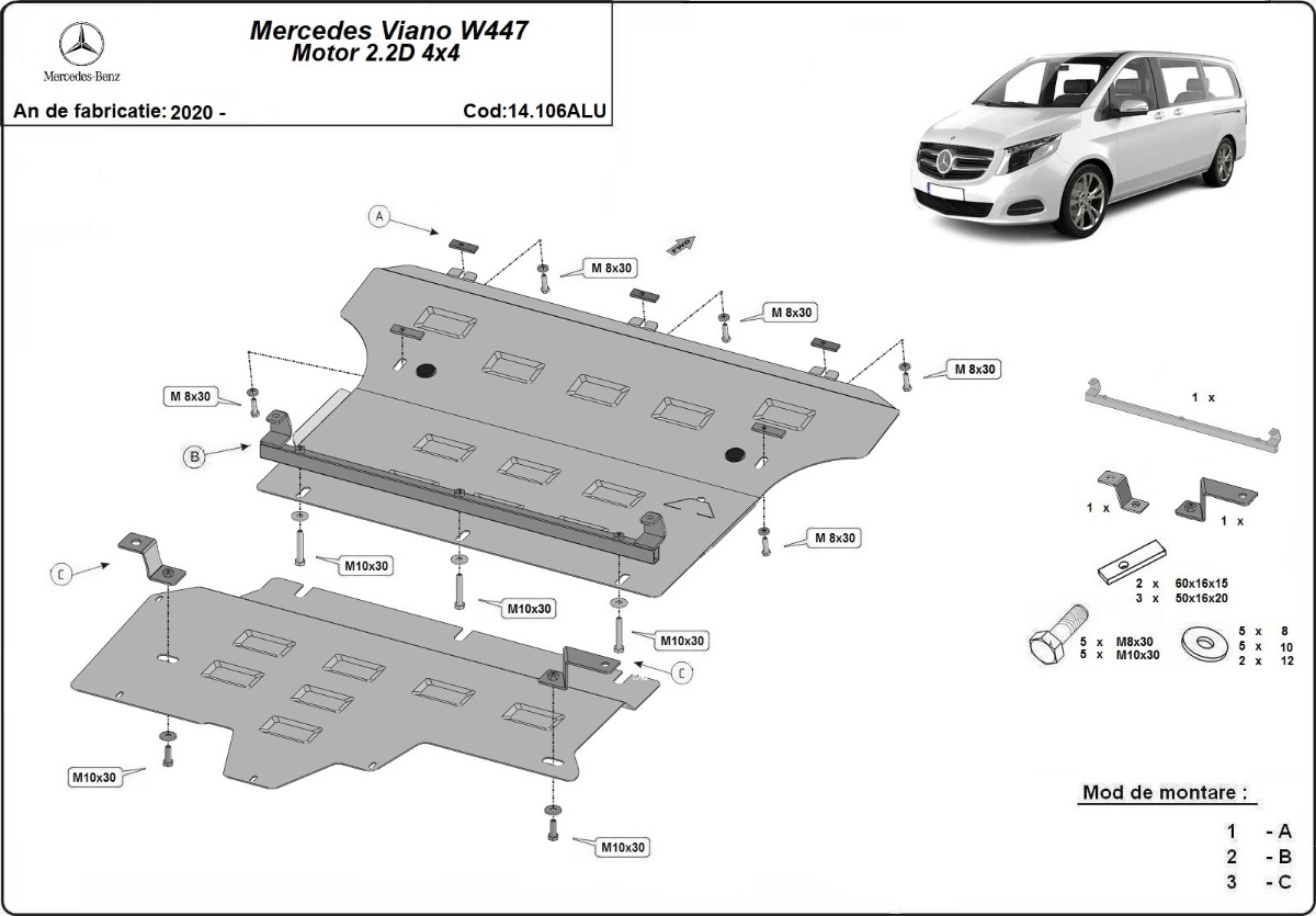 Hliníkový kryt pod olejovou nádrž pro Mercedes Viano W447, 4x4 2020 - 2026, 2.0, 2.2