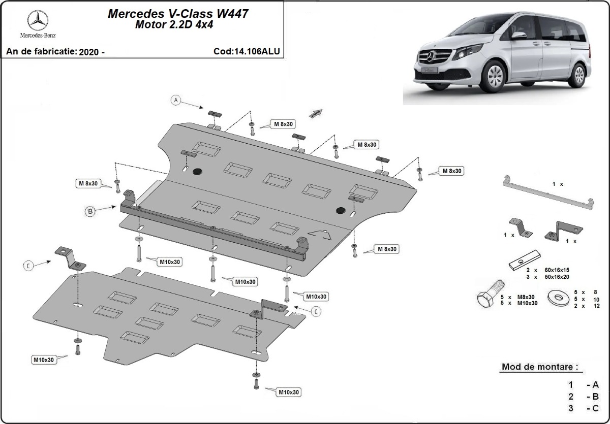 Hliníkový kryt pod olejovou nádrž pro Mercedes třídy V W447, 4x4 2020 - 2026, 2.0, 2.2