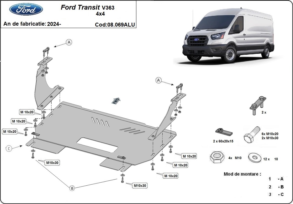 Hliníkový kryt olejové vany pro Ford Transit V363 4x4 2024 - 2026, všechny motory