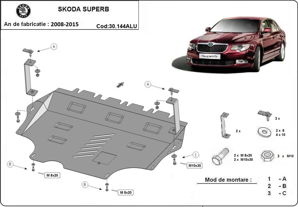 Hliníkový kryt pod olejovou nádrž pro Škoda Superb II 2008 - 2015, všechny motory