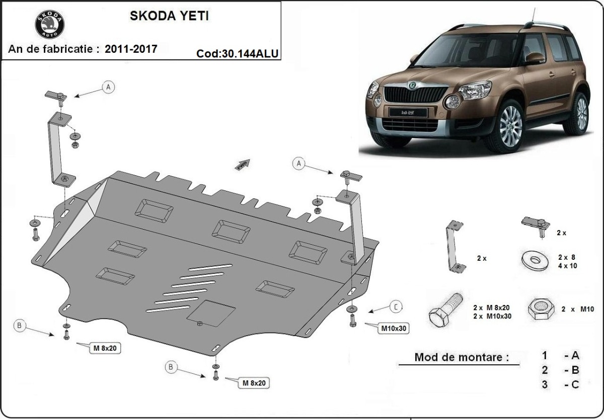 Hliníkový kryt olejové vany pro ochranu motoru a převodovky pro vůz Škoda Yeti 2011 - 2017, všechny motory