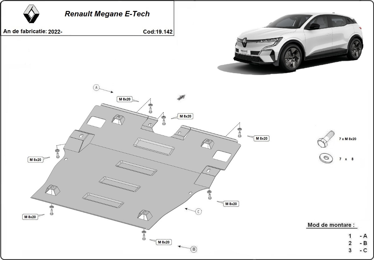Ocelový kryt olejové vany pro Renault Megane E-Tech 2022 - 2026, všechny motory