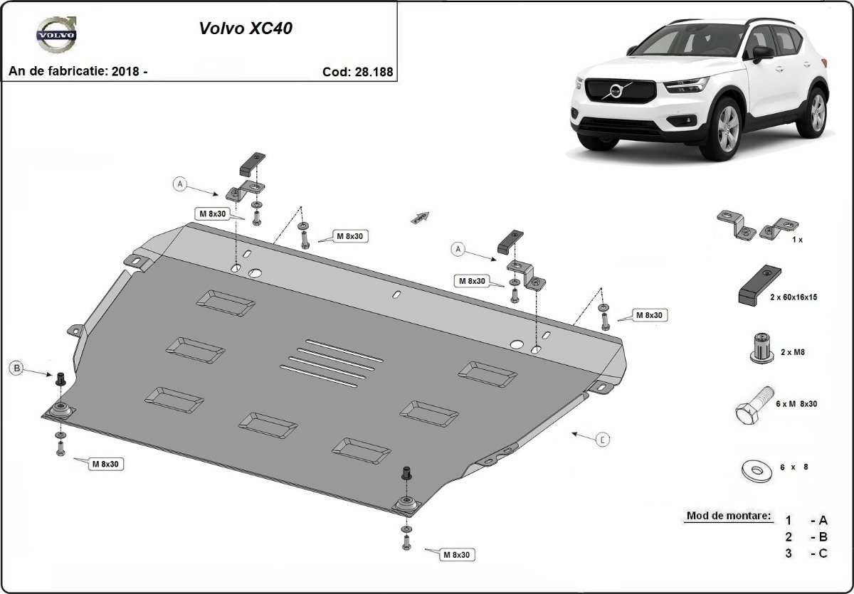 Ocelový kryt olejové vany pro Volvo XC40 2018 - 2026, všechny motory