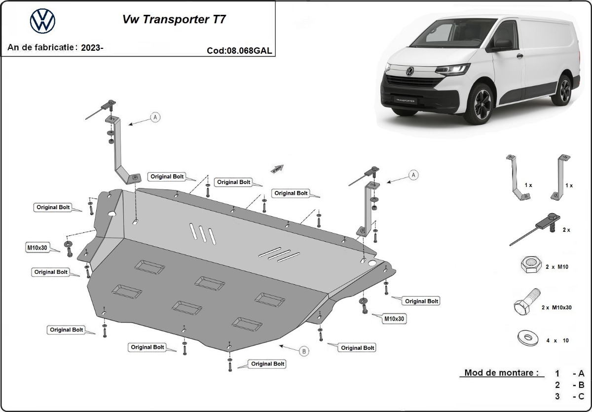 Pozinkovaný ocelový kryt olejové vany pro Volkswagen Transporter T7 2023 - 2026, všechny motory