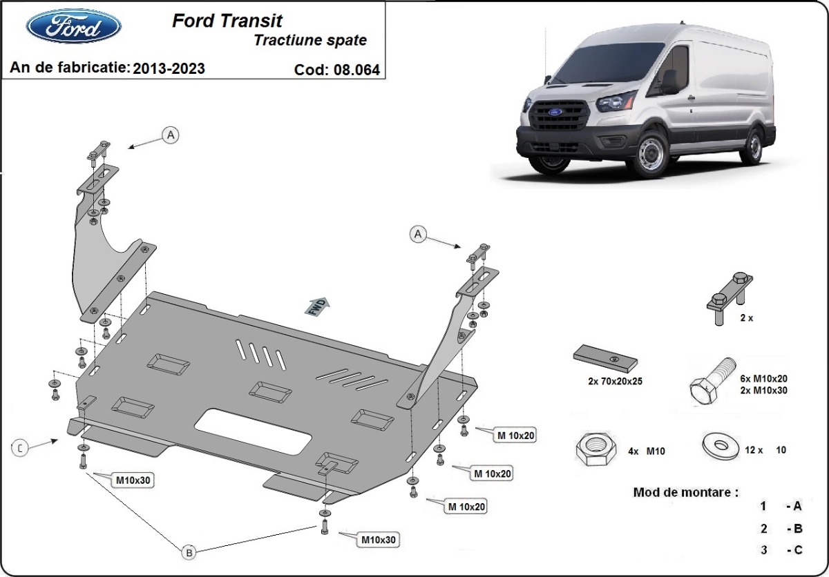 Ocelový kryt olejové vany pro Ford Transit - pohon zadních kol 2013 - 2023, všechny motory