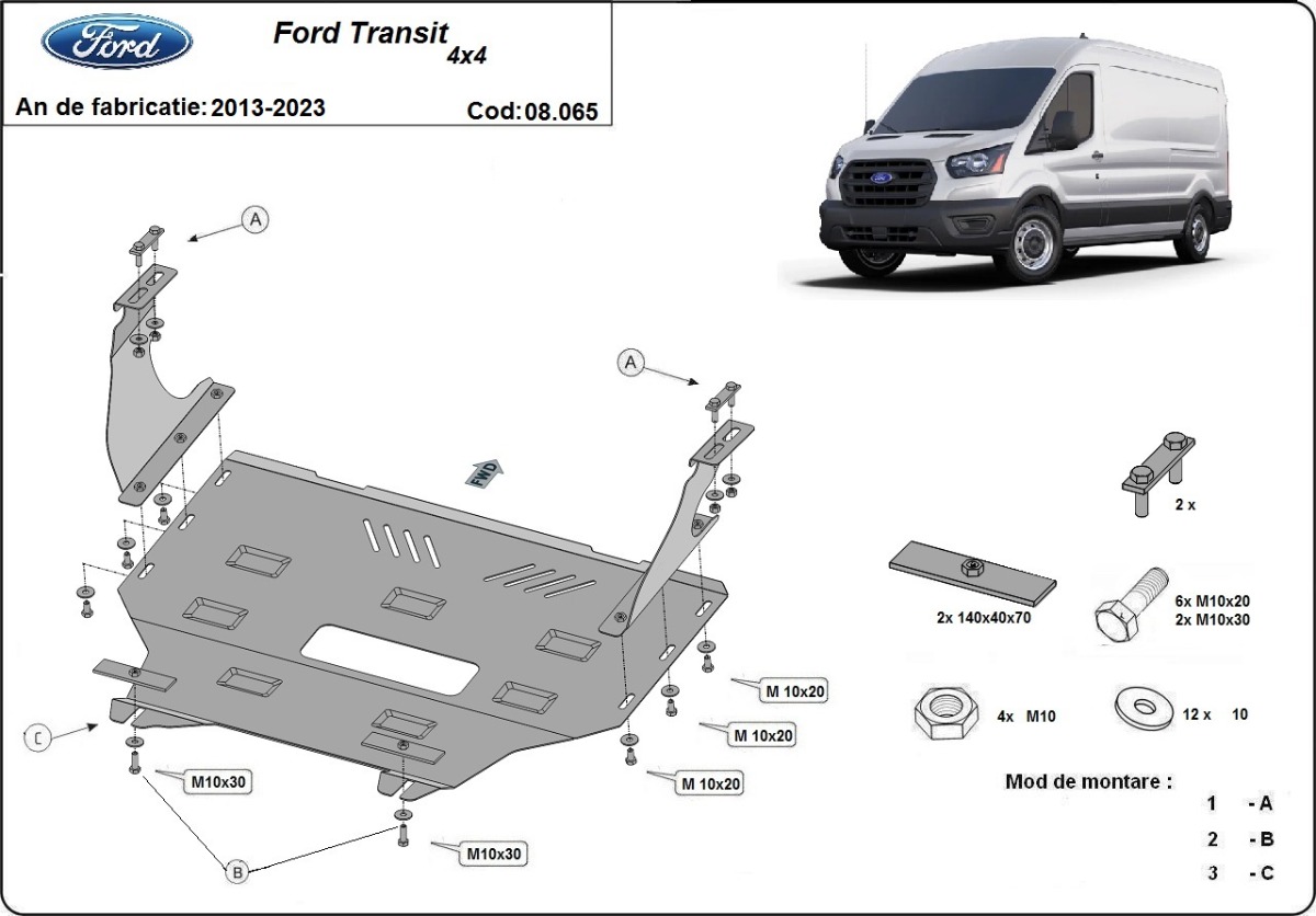 Ocelový kryt olejové vany pro Ford Transit - 4x4 2013 - 2023, všechny motory