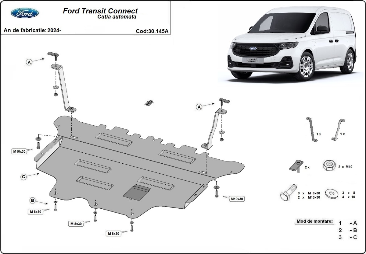Ocelový kryt olejové vany pro Ford Transit Connect s automatickou převodovkou 2024 - 2026, všechny motory
