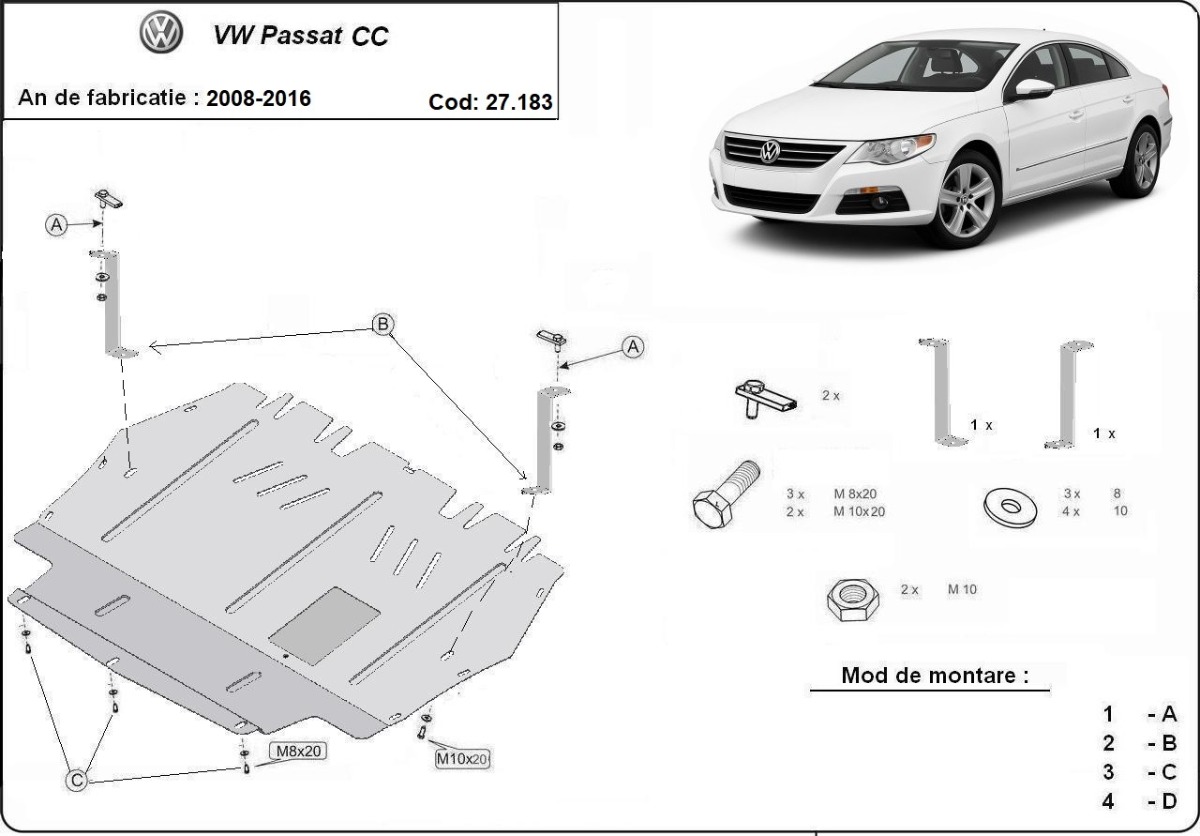 Ocelový kryt olejové vany pro VW Passat CC 2008 - 2016, 2.0 TFSI quattro,1.9-2.0,Tdi,