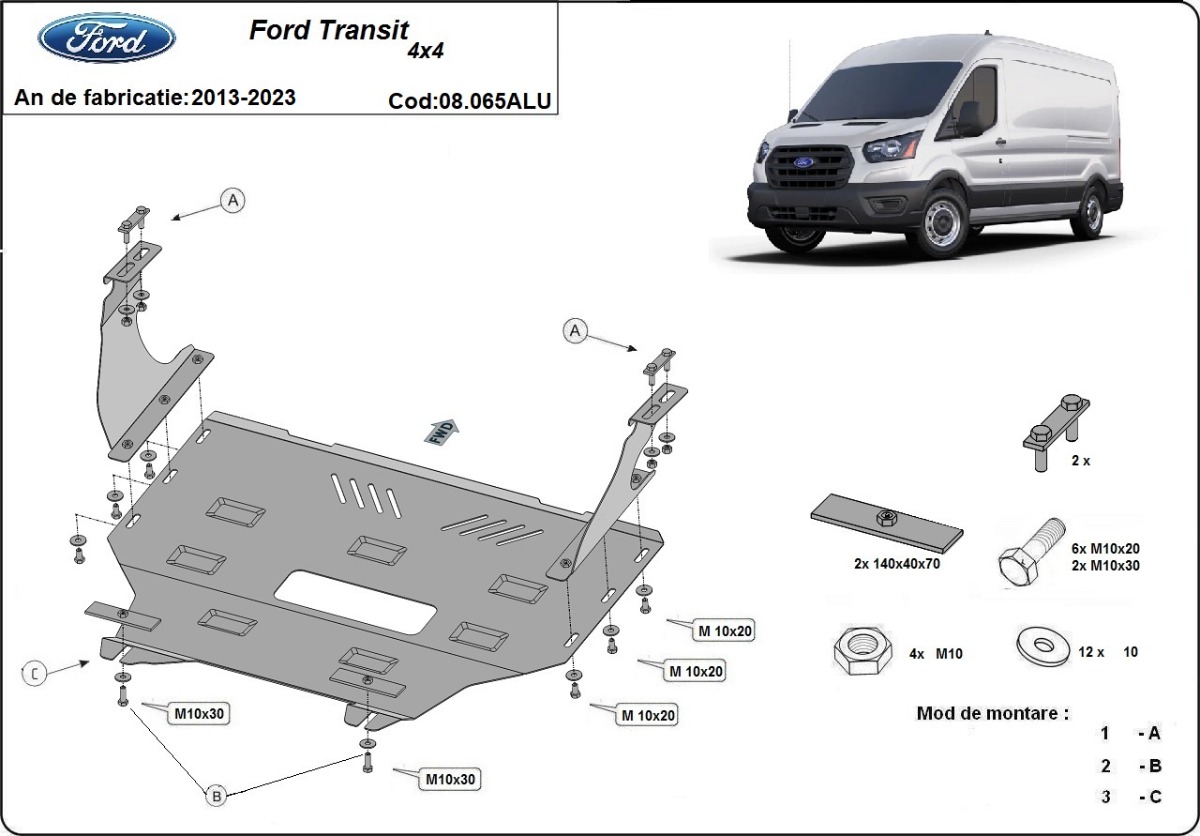 Hliníkový kryt olejové vany pro Ford Transit 4x4 2013 - 2023, všechny motory