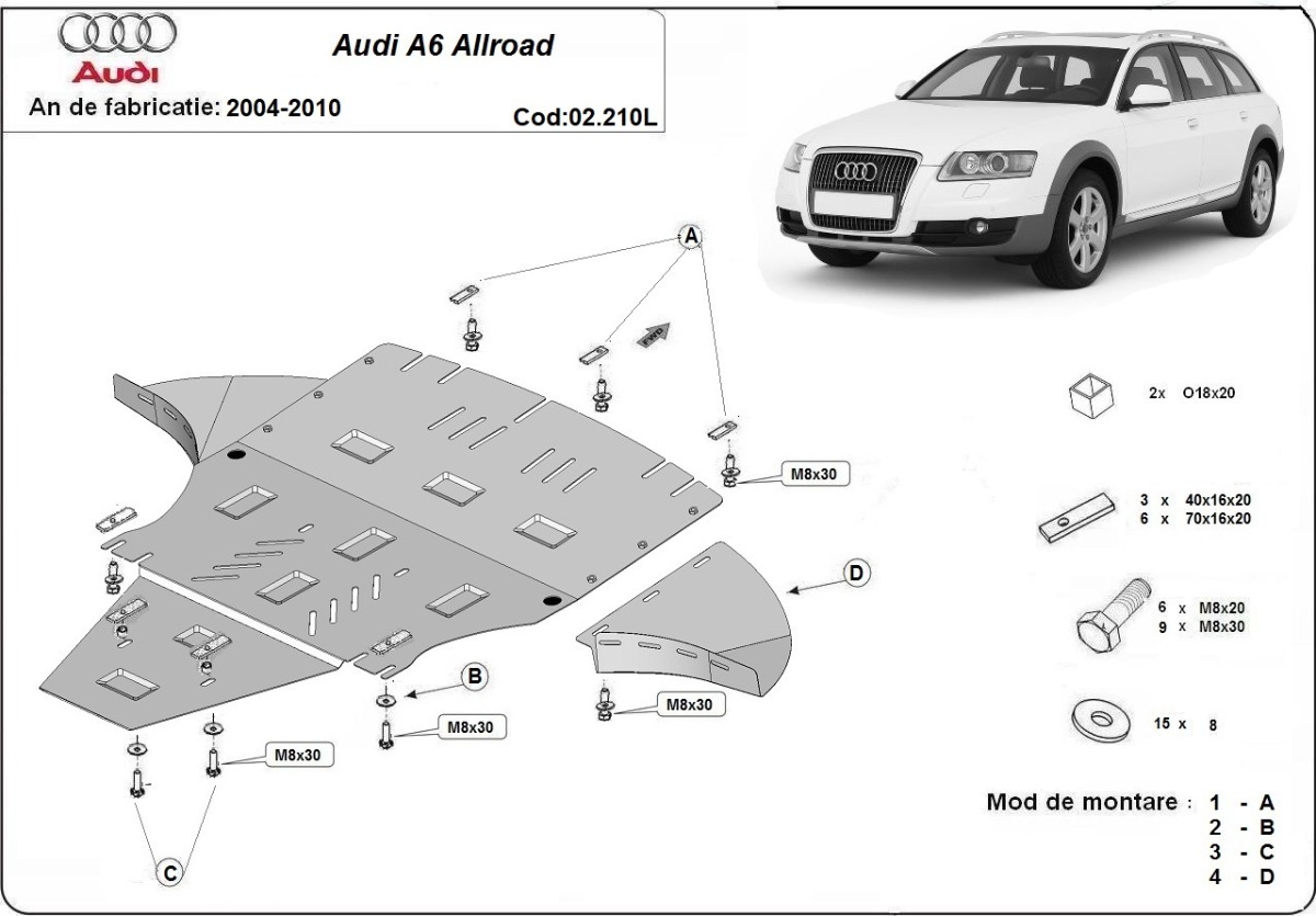 Ocelový kryt pod motor pro Audi A6 Allroad 2 - avec latéraux 2005 - 2011, 2.7, 3.0,