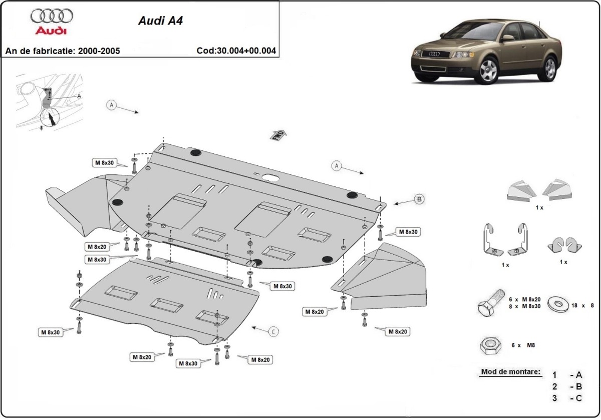 Ocelový kryt olejové vany pro Audi A4 B6 - akční balíček 2000 - 2005, petrol