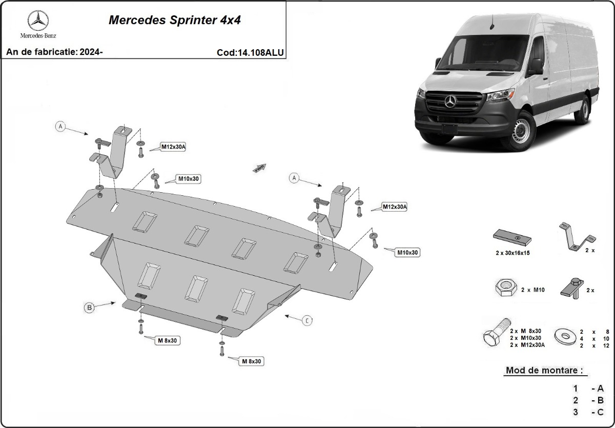 Hliníkový kryt olejové vany pro ochranu motoru a převodovky pro Mercedes Sprinter 907 4x4 2024 - 2026, všechny motory