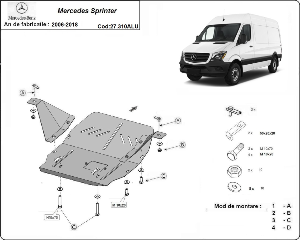 Hliníkový kryt olejové vany pro ochranu motoru a převodovky pro Mercedes Sprinter 2006 - 2018, všechny motory