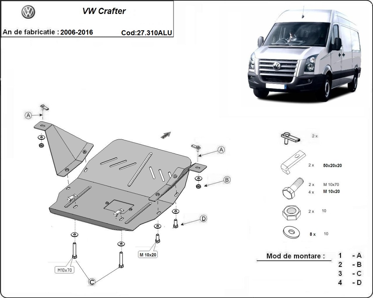 Hliníkový kryt olejové vany pro ochranu motoru a převodovky pro Volkswagen Crafter 2006 - 2016, všechny motory