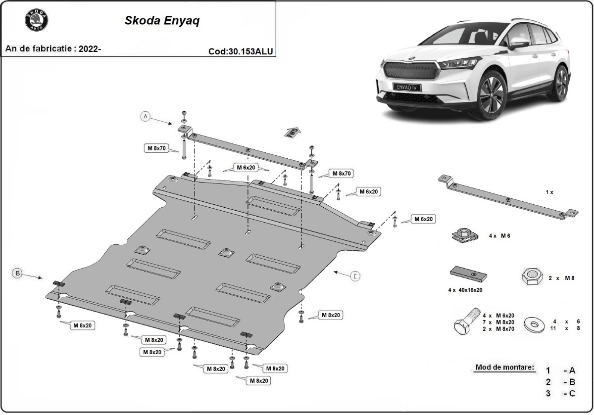Hliníkový kryt olejové vany pro ochranu motoru a převodovky pro vůz Škoda Enyaq 2022 - 2026, všechny motory