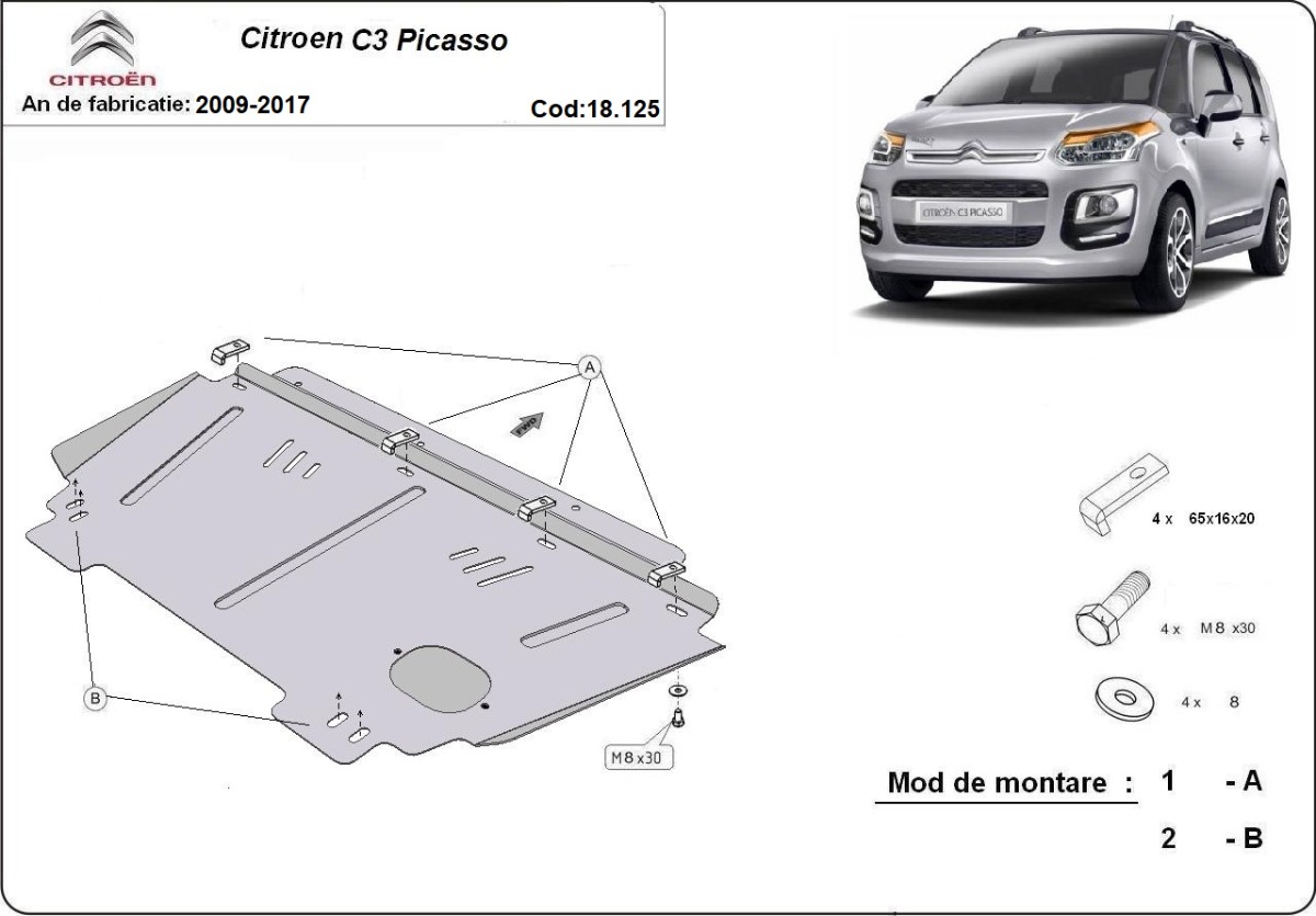 Ocelová ochrana pod olejovou vanu pro Citroen C3 Picasso 2009 - 2017, všechny motory