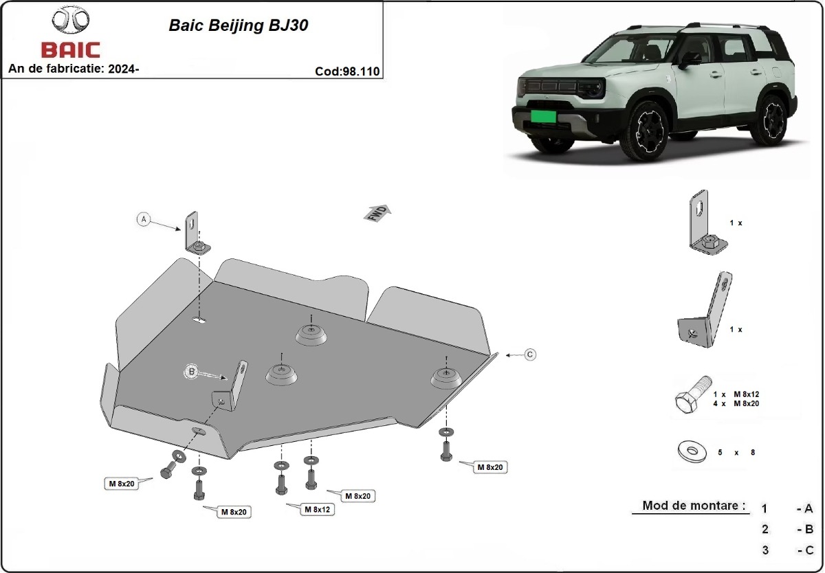 Ocelový kryt diferenciálu pro Baic Beijing BJ30 2024 - 2026, všechny motory