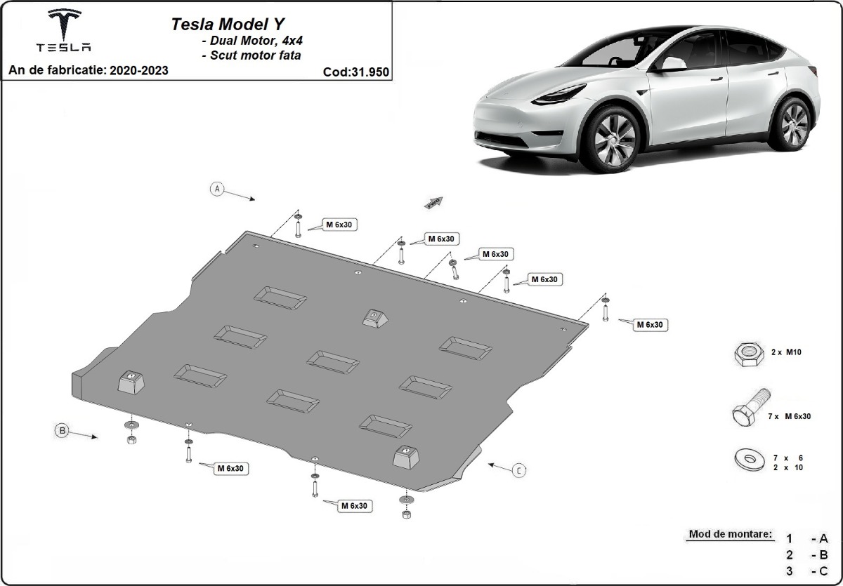 Přední kryt elektromotoru pro Tesla Model Y AWD 2020 - 2023, Dual Motor