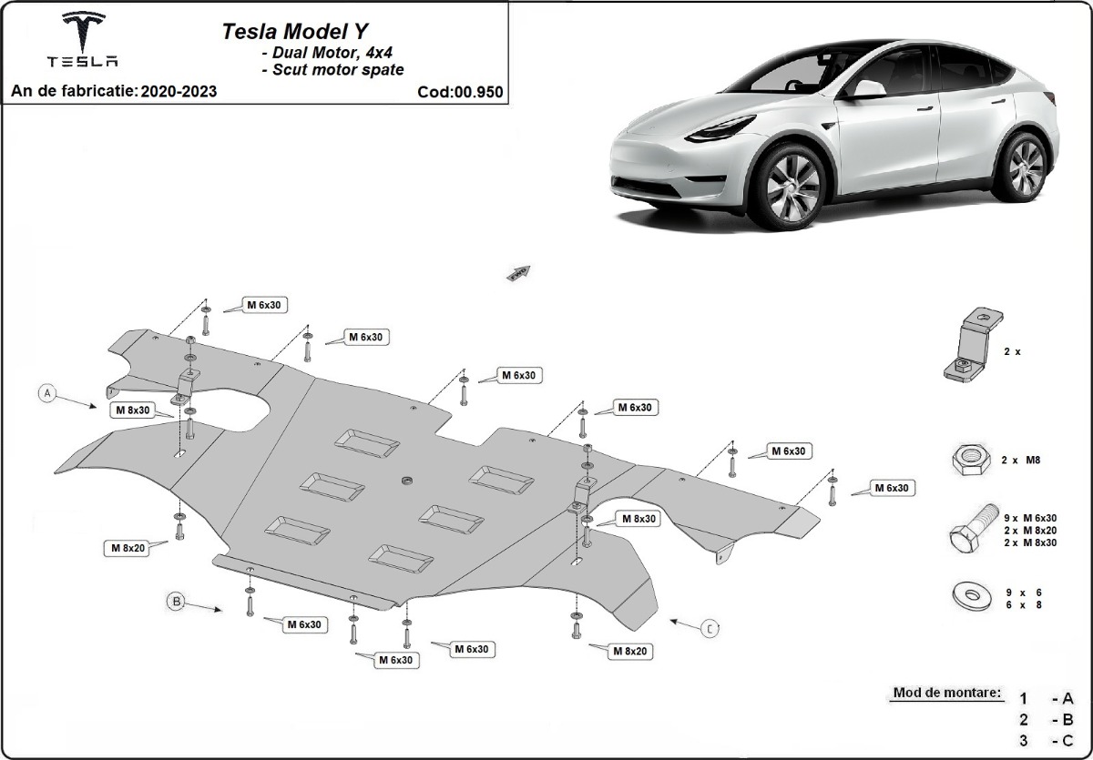 Zadní kryt elektromotoru pro Tesla Model Y AWD 2020 - 2023, Dual Motor