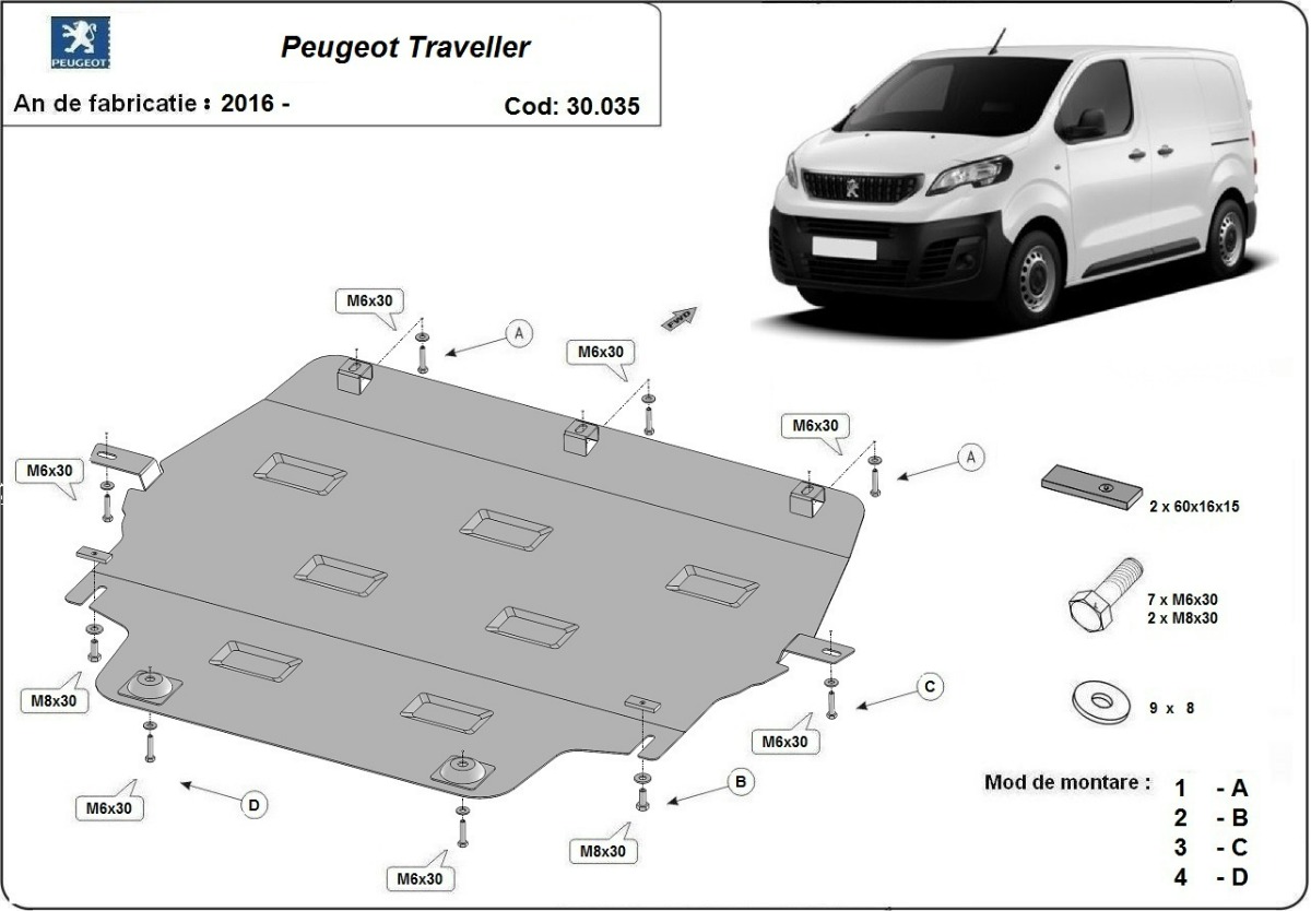 Ocelový kryt olejové vany pro Peugeot Traveller 2016 - 2026, všechny motory