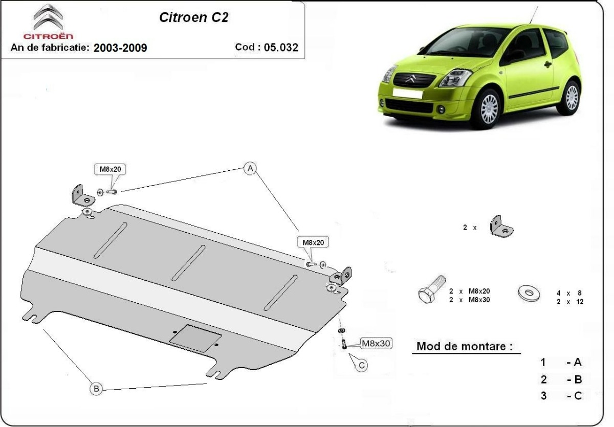 Ocelový kryt olejové vany pro Citroen C2 2003 - 2009, všechny motory