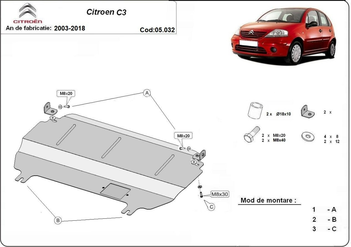 Ocelový kryt olejové vany pro Citroen C3 2003 - 2018, všechny motory