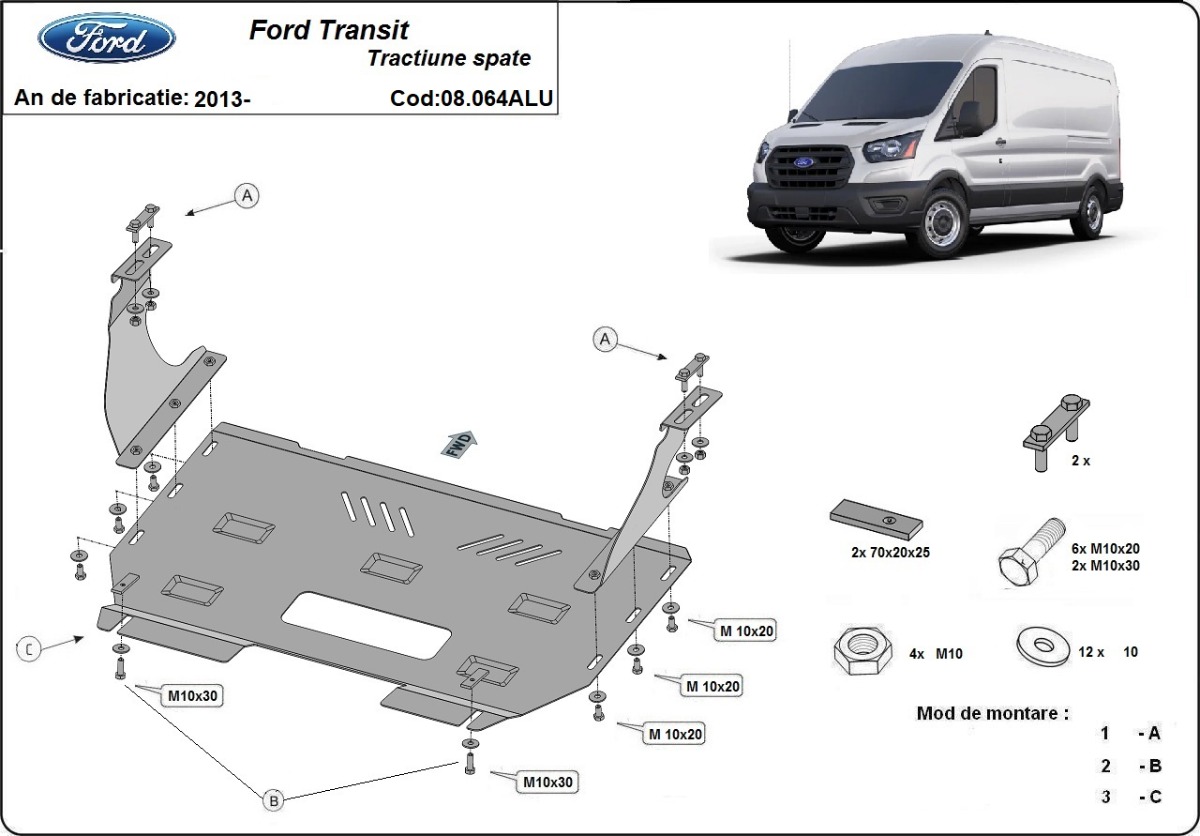 Hliníkový kryt olejové vany pro Ford Transit s pohonem zadních kol 2013 - 2026, všechny motory