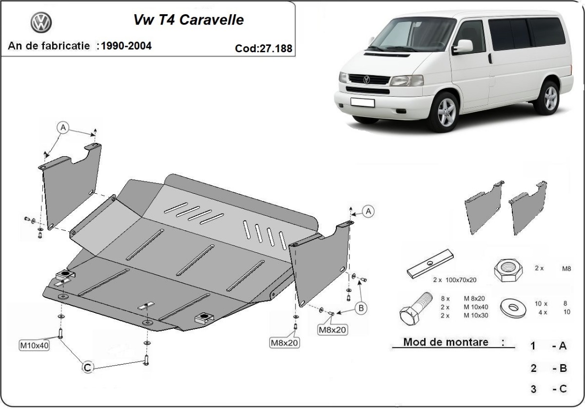 Ocelový kryt pod olejovou nádrž pro VW Transporter T4 Caravelle 1990 - 2004, všechny motory