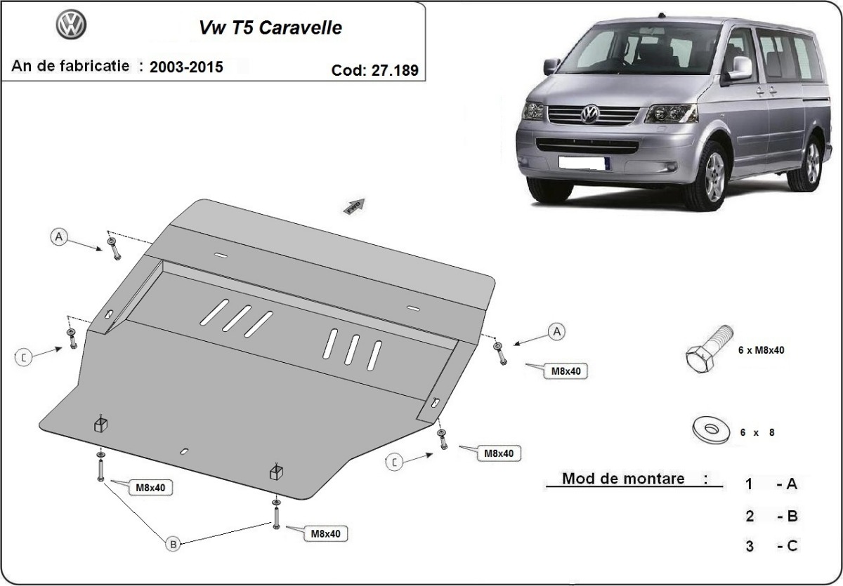 Ocelový kryt pod olejovou nádrž pro Volkswagen T5 Caravelle 2003 - 2015, všechny motory