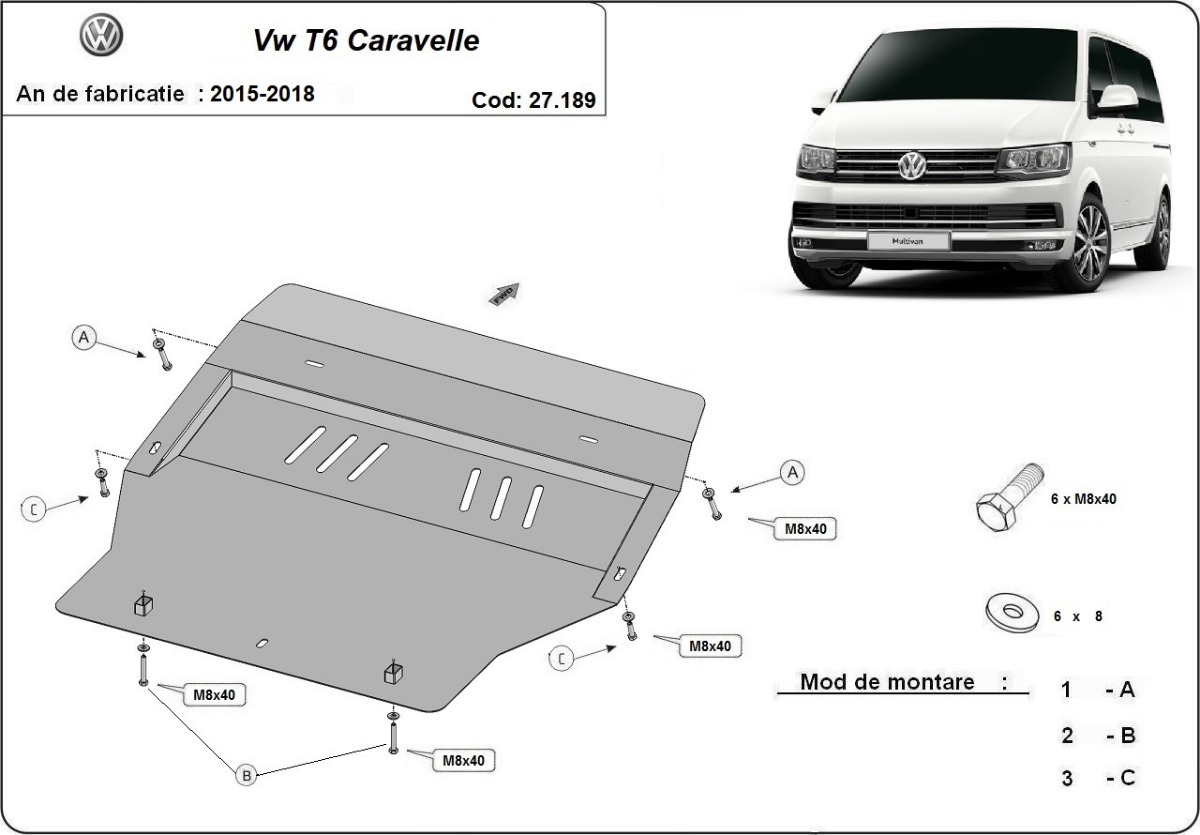 Ocelový kryt olejové vany pro Volkswagen Transporter T6 Caravelle 2015 - 2018, všechny motory