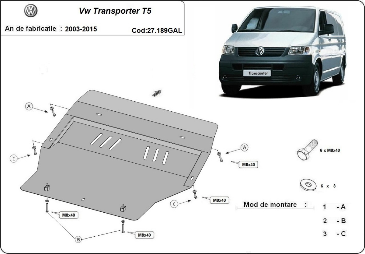 Pozinkovaný ocelový kryt olejové vany pro Volkswagen Transporter T5 2003 - 2015, všechny motory