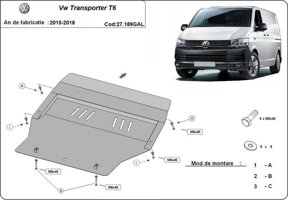Pozinkovaný ocelový kryt olejové vany pro Volkswagen Transporter T6 2015 - 2018, všechny motory