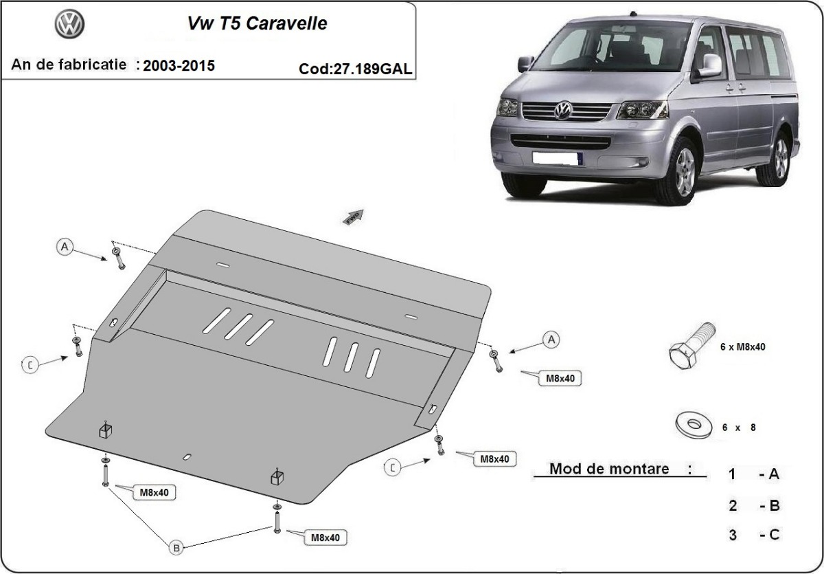 Pozinkovaný ocelový kryt pod olejovou vanu pro Volkswagen Transporter T5 Caravelle 2003 - 2015, všechny motory
