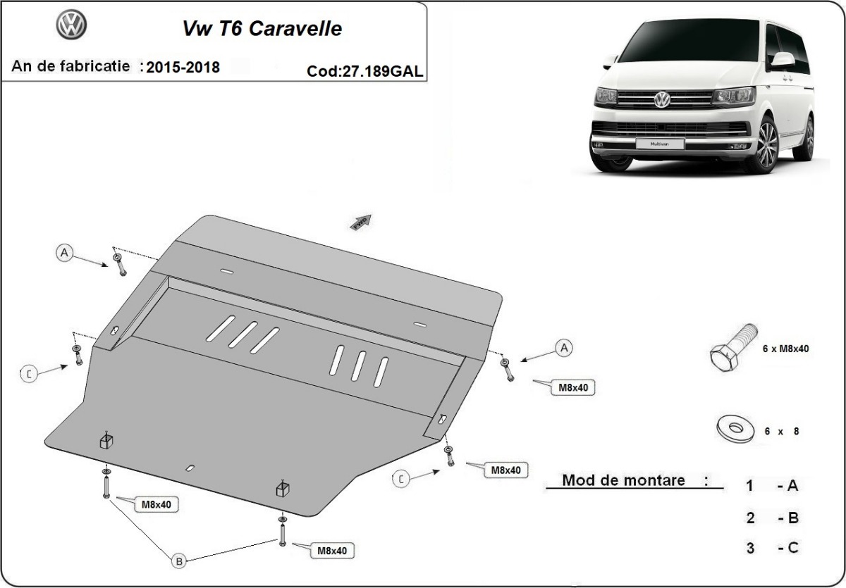 Pozinkovaný ocelový kryt pod olejovou nádrž pro Volkswagen Transporter T6 Caravelle 2015 - 2018, všechny motory
